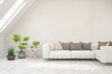 Wall Mural - White living room with sofa. Scandinavian interior design. 3D illustration