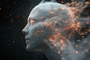 Wall Mural - Neuroinformatics machine learning reticular formation neuroplasticity and prefrontal cortex side profile of man dissolving into neural particles in an abstract fiery atmosphere