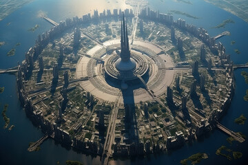 Wall Mural - Futuristic city aerial view at sunny day. Round structure of sci-fi metropolis from the bird view. Generated AI