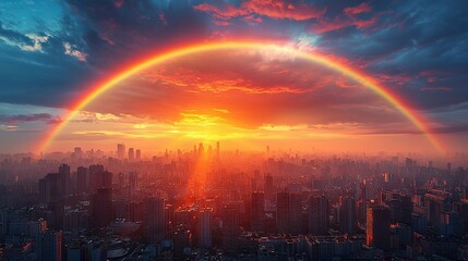 Canvas Print -   A rainbow in the heart of the city amidst a rainbow overhead and another one on the ground