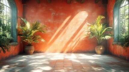 Wall Mural - Sunlit Room with Palm Trees and Terracotta Pots