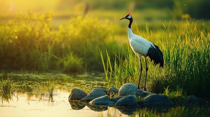 Poster -   A majestic bird perched atop a rocky mound beside a serene body of water, surrounded by lush green grass and scattered stones