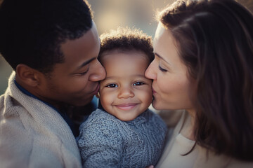 Multiracial family is sharing a sweet moment together outdoors, kissing their son on the cheeks