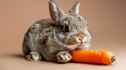 Charming 3d easter bunny joyfully holding a vibrant carrot on a delightful peach background