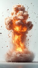 Wall Mural - dramatic sequence of realistic explosions with fireballs smoke plumes and debris set against a stark white background for maximum impact