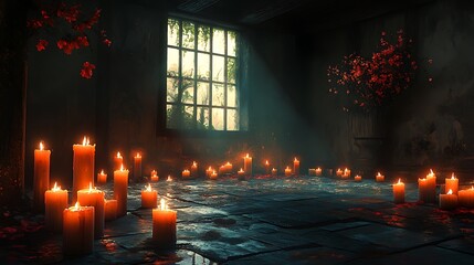 A dark, atmospheric room with a large window and many candles lit on the floor.  The light from the window casts a warm glow on the room.