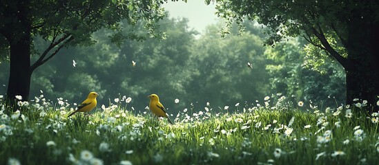 Two yellow birds stand in a field of daisies with trees on either side.