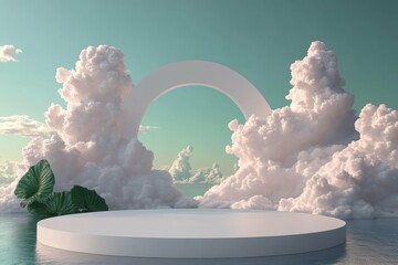 Abstract cloud formations in a clear sky in 3D rendered minimalist style with empty circle podium.