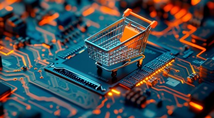 The shopping cart is located on an electronic circuit board. The concept of online shopping