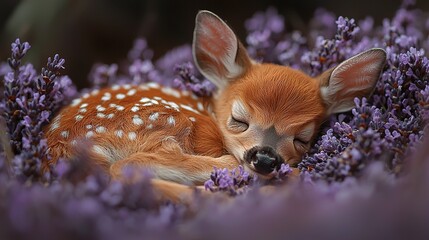 Canvas Print -   A close-up of a baby deer lying in a field of flowers with its eyes closed