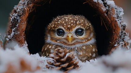 Canvas Print -   A close-up of a small owl perched in a snowy hole with a pine cone in focus