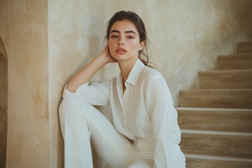 girl model in light white clothes against the background of the stairs