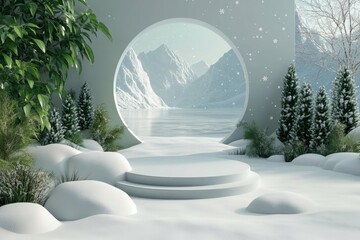 Frozen tundra with snowflakes falling in 3D rendered minimalist style with empty circle podium.