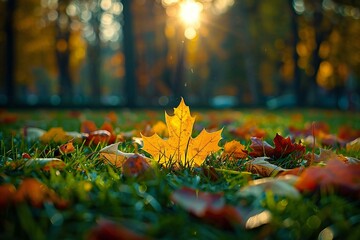 close-up shot of vibrant autumn foliage in a park, with the sunlight filtering through the leaves creating a cozy and inviting atmosphere.