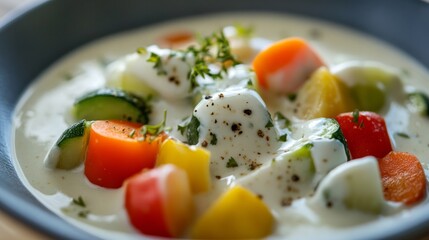 A bowl of soup with a variety of vegetables including carrots, tomatoes