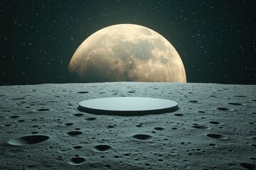 Moon surface with craters and stars in 3D rendered minimalist style with empty circle podium.