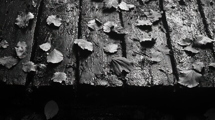 Wall Mural - Fallen Leaves on Wet Black Wooden Planks