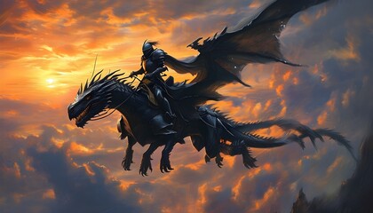 Wall Mural - Epic Sunset Sky Battle of Black Knight and Majestic Dragon in Fantasy Adventure