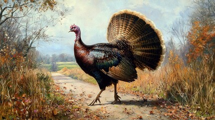 Wall Mural -   A turkey on a dirt road amidst grass and leaf-strewn trees