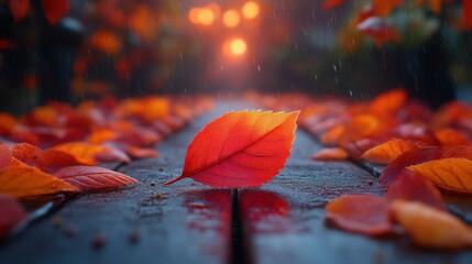 Wall Mural - A Single Red Leaf on a Wet Wooden Surface During Autumn Rain