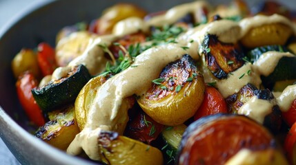 A bowl of food with a creamy sauce on top