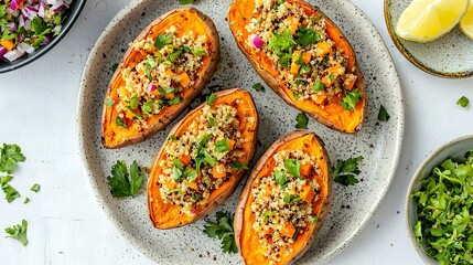 Sticker -   A white plate holds roasted sweet potatoes with toppings, alongside bowls of fresh lettuce and mixed greens