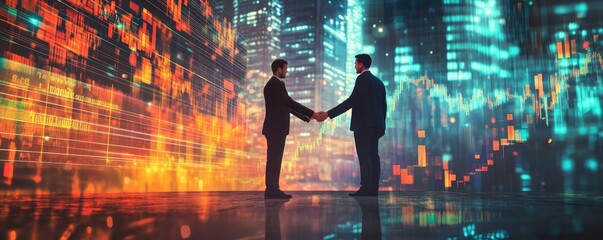 Wall Mural - Two Businessmen Shaking Hands in Front of a Cityscape.