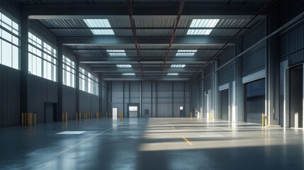 Sticker - A large, empty warehouse with a lot of windows and a lot of space