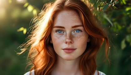 Wall Mural - Radiant Portrait of Freckled Redhead with Bright Eyes in Soft Daylight, Embodying Natural Beauty and Inspiring Skin Care Lifestyle