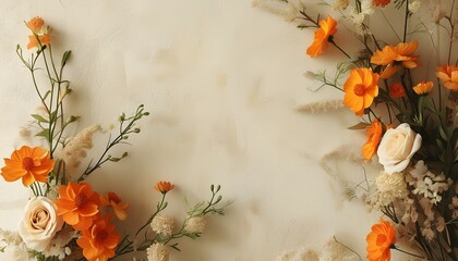 Charming Vintage Floral Arrangement of Orange and Cream Blooms on Textured Cream Background for Art, Invitations, and Design Projects