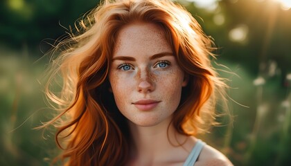 Wall Mural - Radiant Portrait of Freckled Redhead with Bright Eyes in Soft Daylight, Embodying Natural Beauty and Inspiring Skin Care Lifestyle