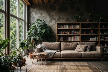 Wall Mural - Decorated modern living room with a big sofa, plants and a bookcase..