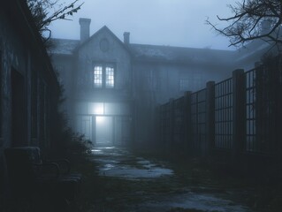 Wall Mural - Foggy Path Leading to Abandoned Building with Glowing Windows