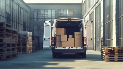 Truck parked in warehouse, loaded with cardboard boxes cargo