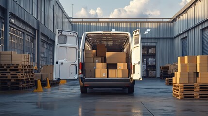 Truck parked in warehouse, loaded with cardboard boxes cargo