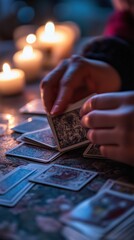 A person arranging tarot cards on a table illuminated by candlelight during a mystical evening ritual