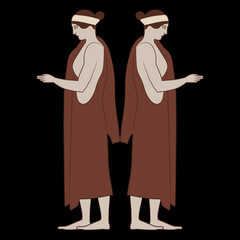 Symmetrical design with two standing Ancient Greek women in profile. Demeter and Persephone. Vase painting style. On black background.