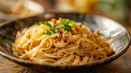 Sticker -   Close-up of food plate with noodles and garnish on wood table