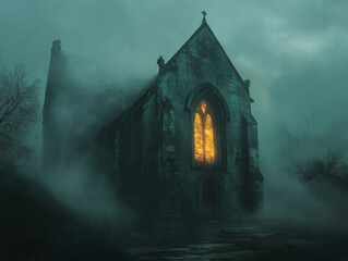 Wall Mural - A Church Bathed in Eerie Yellow Light Surrounded by Fog