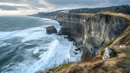 Poster - An awe-inspiring stock photo of a dramatic coastal cliff overlooking the ocean.