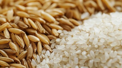   Two piles of white and brown rice stacked on top of each other