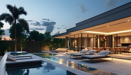 Elegant contemporary home featuring sunbeds and dining space by a tranquil pool in a serene evening backyard atmosphere