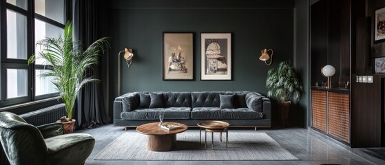 Wall Mural - A living room with a black couch, a coffee table, and a potted plant