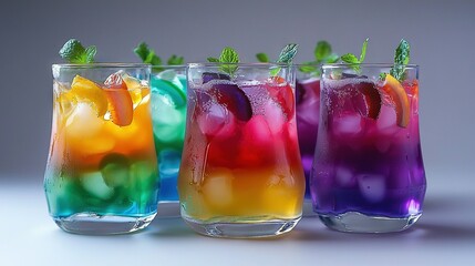 Poster -   A trio of glasses containing various fruits and vegetables atop a white table