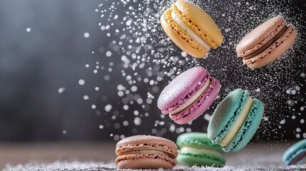 Canvas Print -   A flock of macaroons soaring through the sky, showering sugar sprinkles as they go