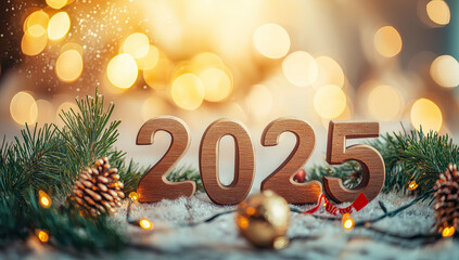 Wall Mural - Wooden Numbers Bokeh Background with Empty Space for New Year 2025 Concept