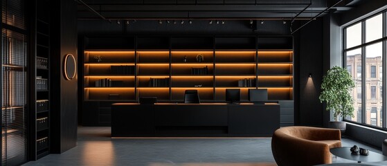 Wall Mural - A black room with a large shelf of books and a couch