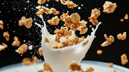 Canvas Print -   Cereal falls into milk, making a milkshake splash