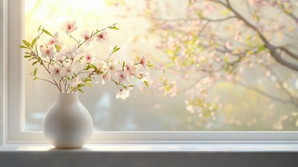 Canvas Print -   A vase brimming with blossoms sits beside a window sill adorned with a lush tree backdrop