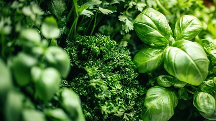   A zoomed-in image of various green vegetables, including broccoli, with leafy foliage